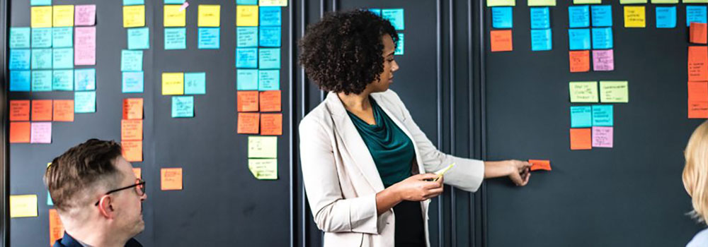 Researchers strategizing on a bulletin board